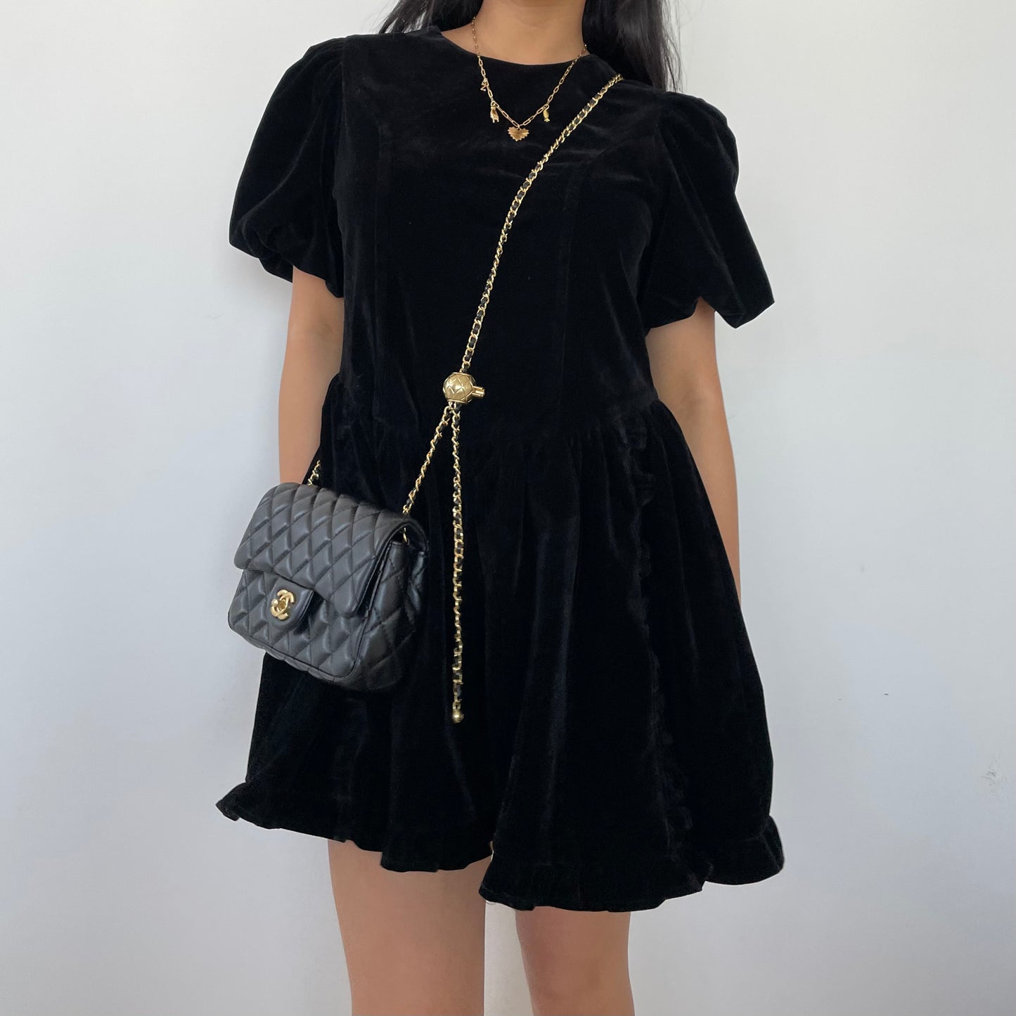 Black Velvet Short Sleeve Babydoll Dress - Small