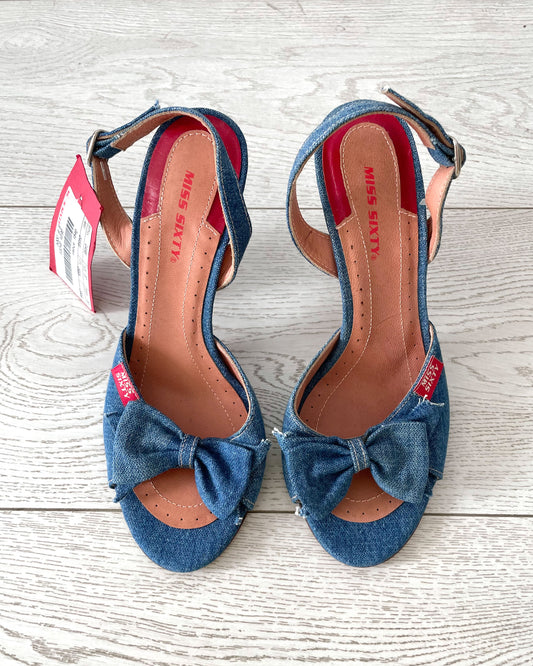 BNWT Vintage Y2K Miss Sixty Denim Open Toe Slingback Heel with Bow - EU 37