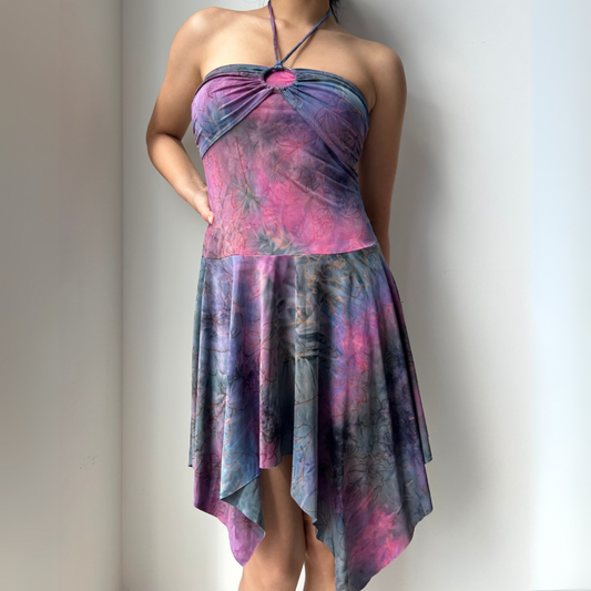 Vintage 90s Ecco Mî Purple Tie Dye O-Ring Halter Mini Handkerchief Dress - Small