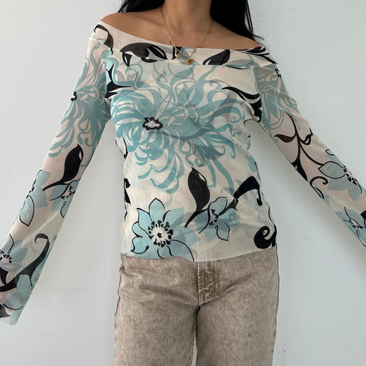 Cream and Blue Floral Mesh Long Sleeve Off Shoulder Top - Medium