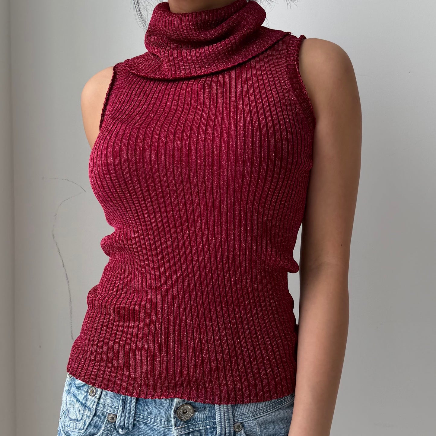 1990s Jacob Burgundy Metallic Ribbed Turtleneck Tank Top - Medium