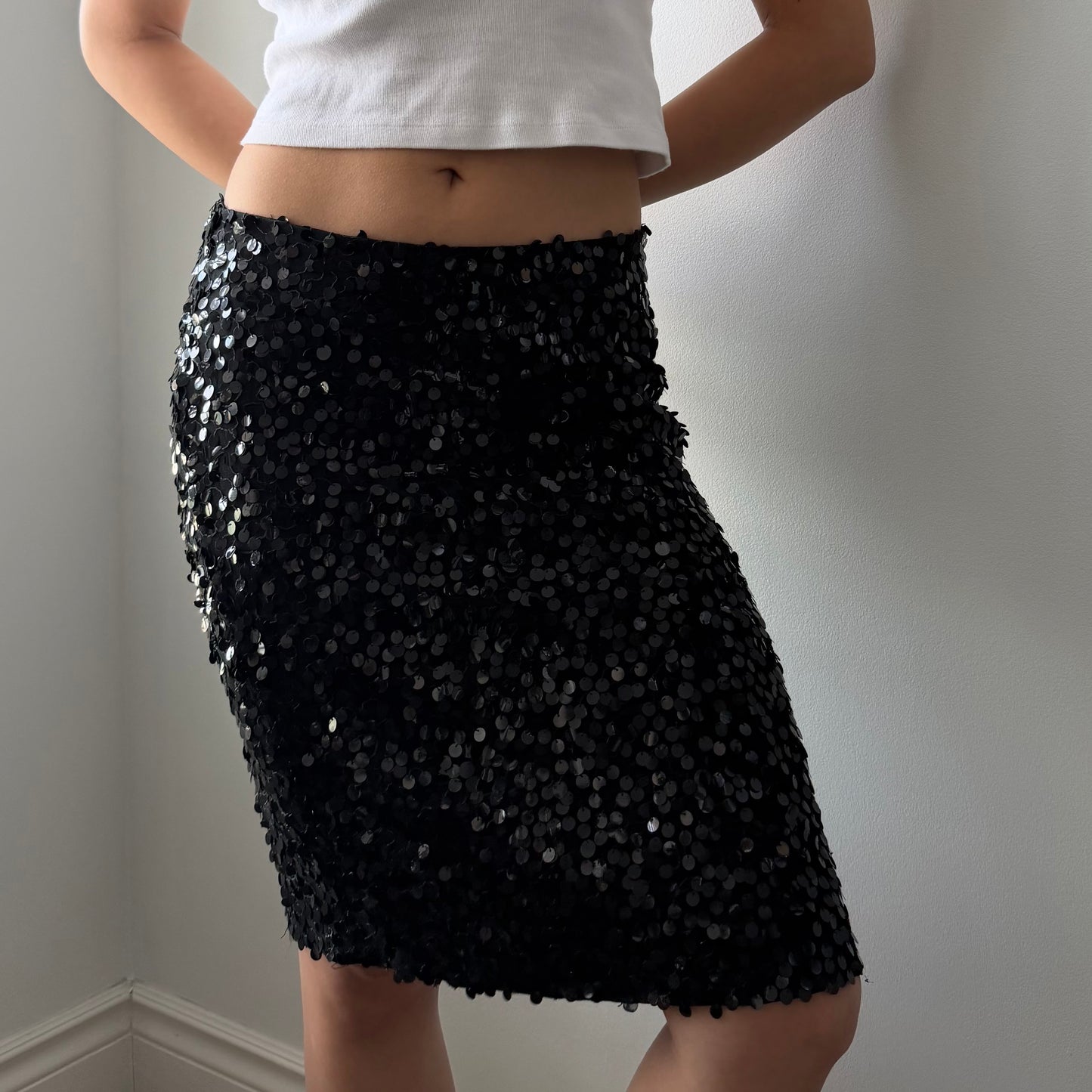 Catherine Curtis Made in Canada Black Sequin Silk Skirt - Medium