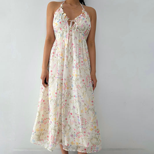 Cream Floral Maxi Halter Dress - Medium