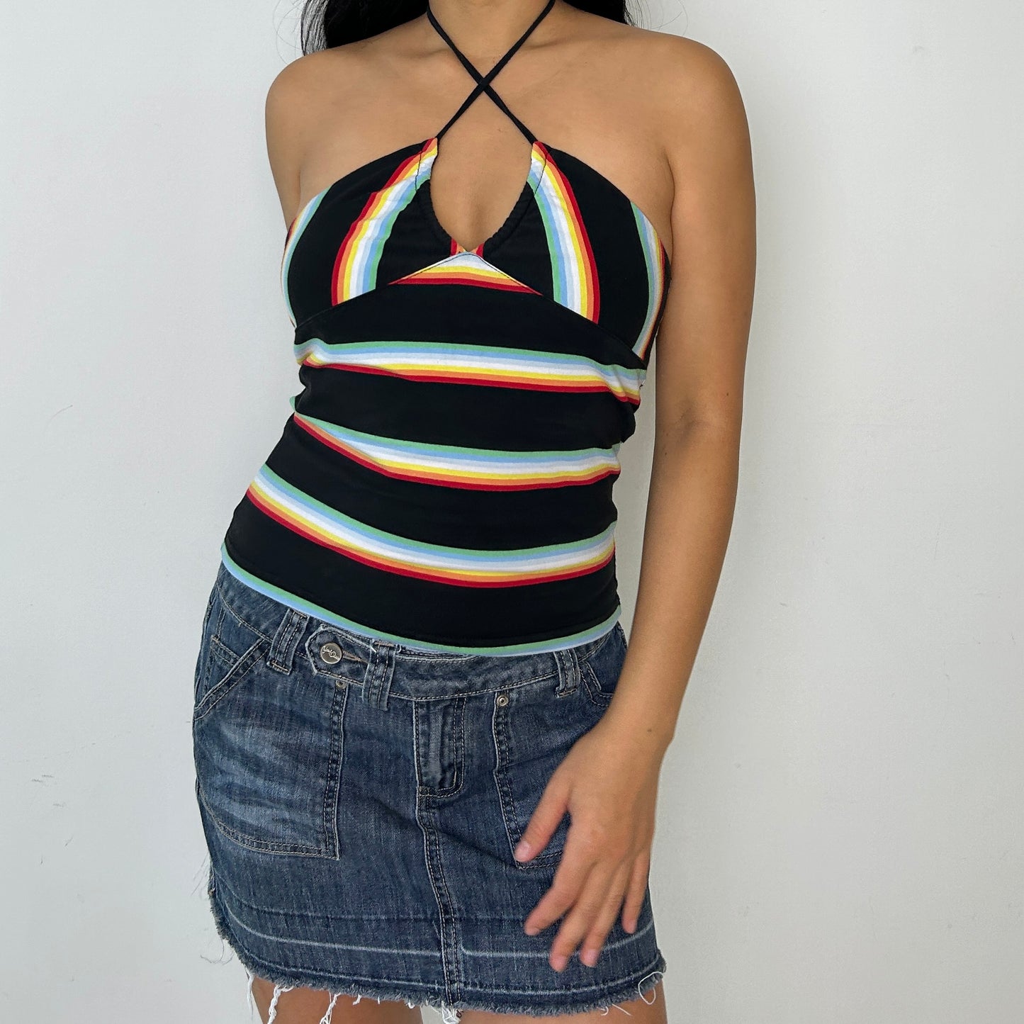 Black and Rainbow Striped Backless Halter Top - Small