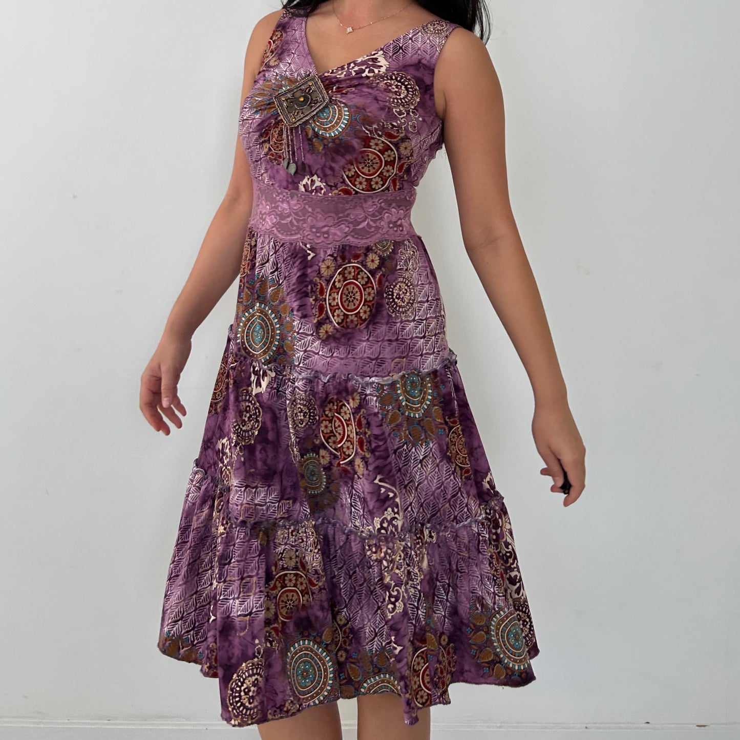 Purple Patterned Dress with Beaded Clasp - Small