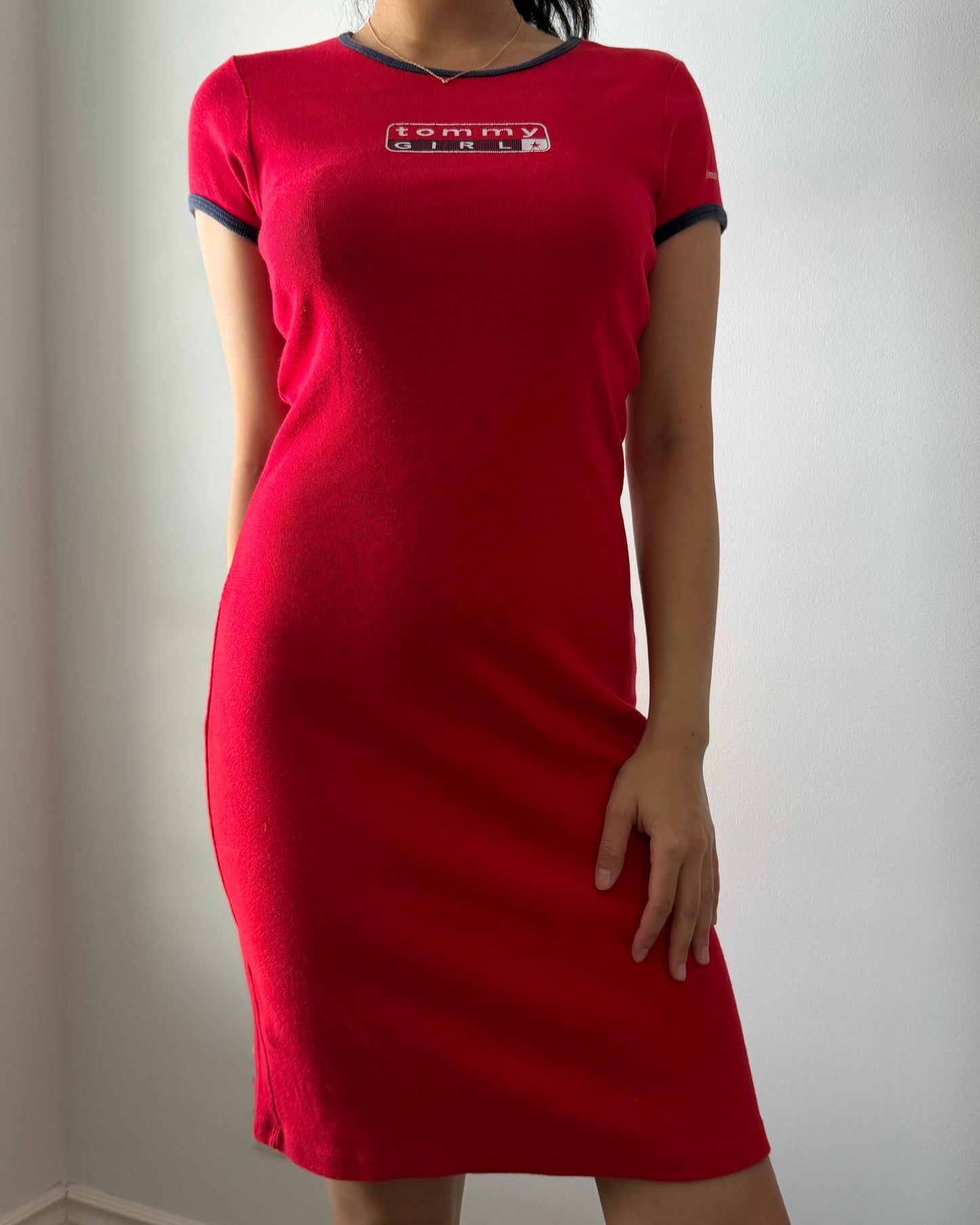 90s Made in USA Tommy Jeans Red Ringer T-Shirt Dress - Small