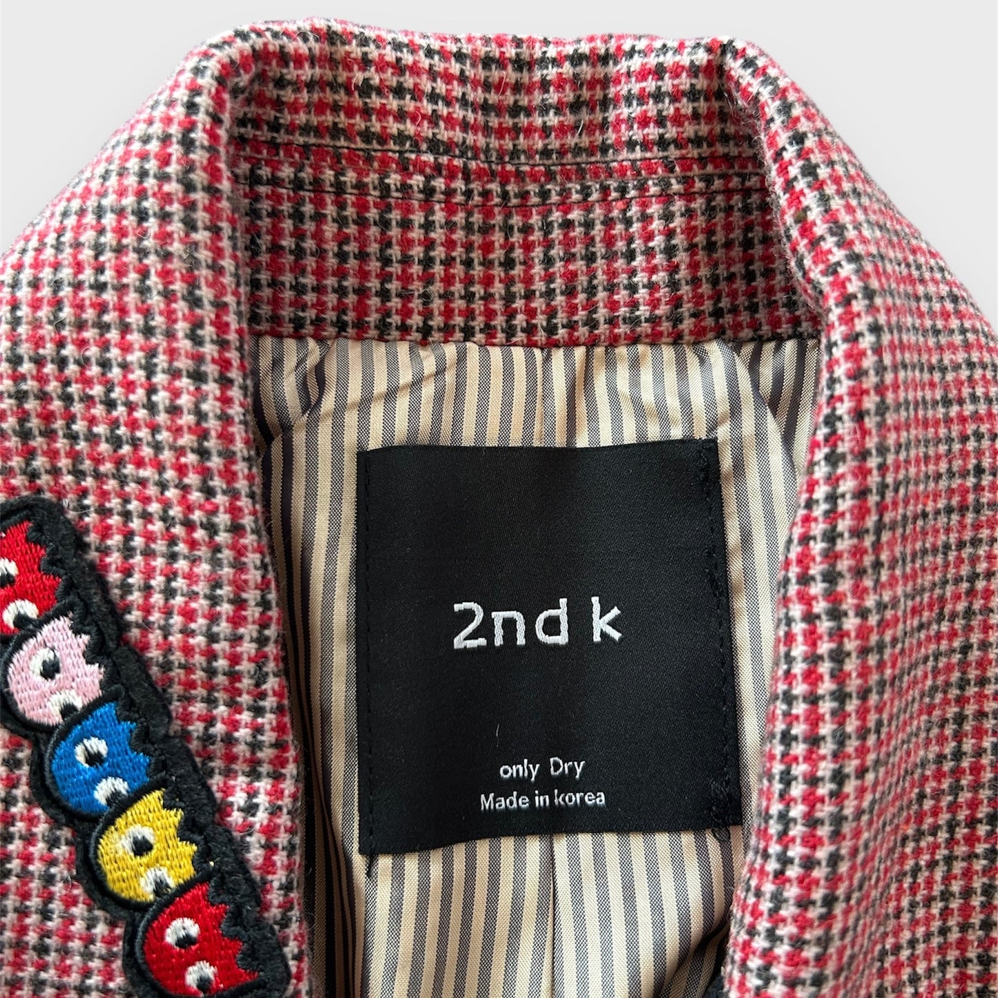 2nd K Red Plaid Patchwork Blazer with Embroidered Patches - Small