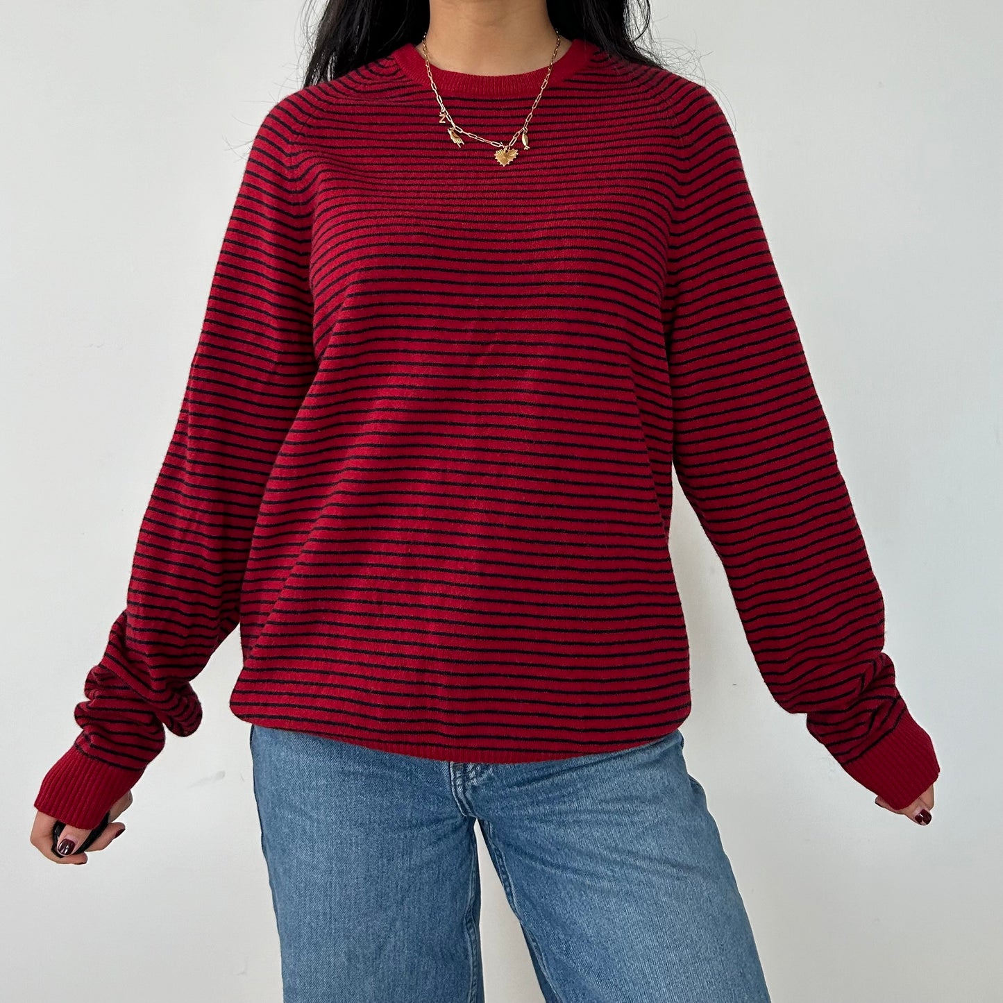 J. Crew Red Striped Lambswool Crewneck Knit Jumper - Medium