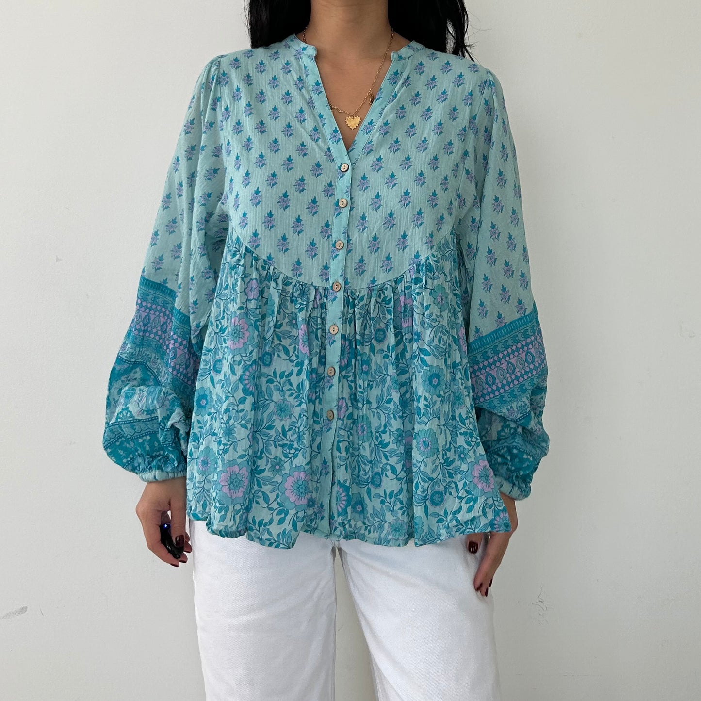 Spell Blue Floral Print V-Neck Blouse - Medium