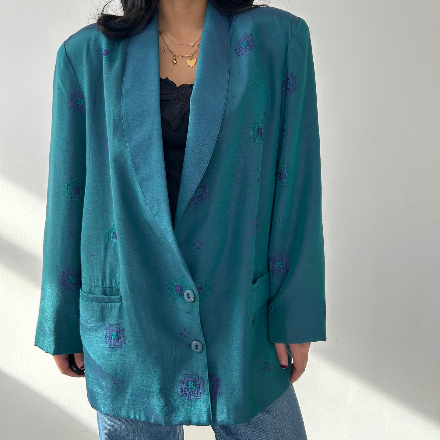 Vintage 1970s Made in Canada Teal Blazer with Shoulder Pads - X-Large