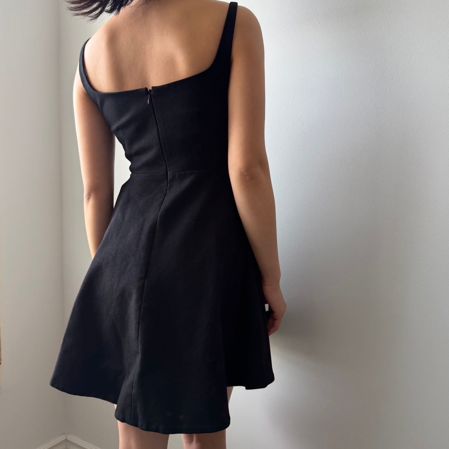 Theory Black Flared Mini Dress in Cotton Piqué - X-Small