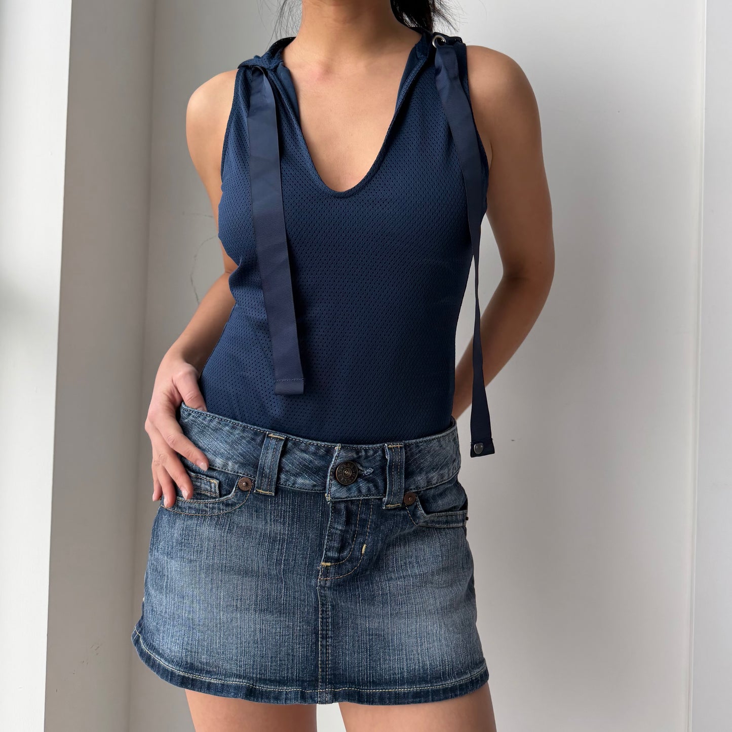 True Religion Navy Mesh Knit Hooded Bodysuit - X-Small