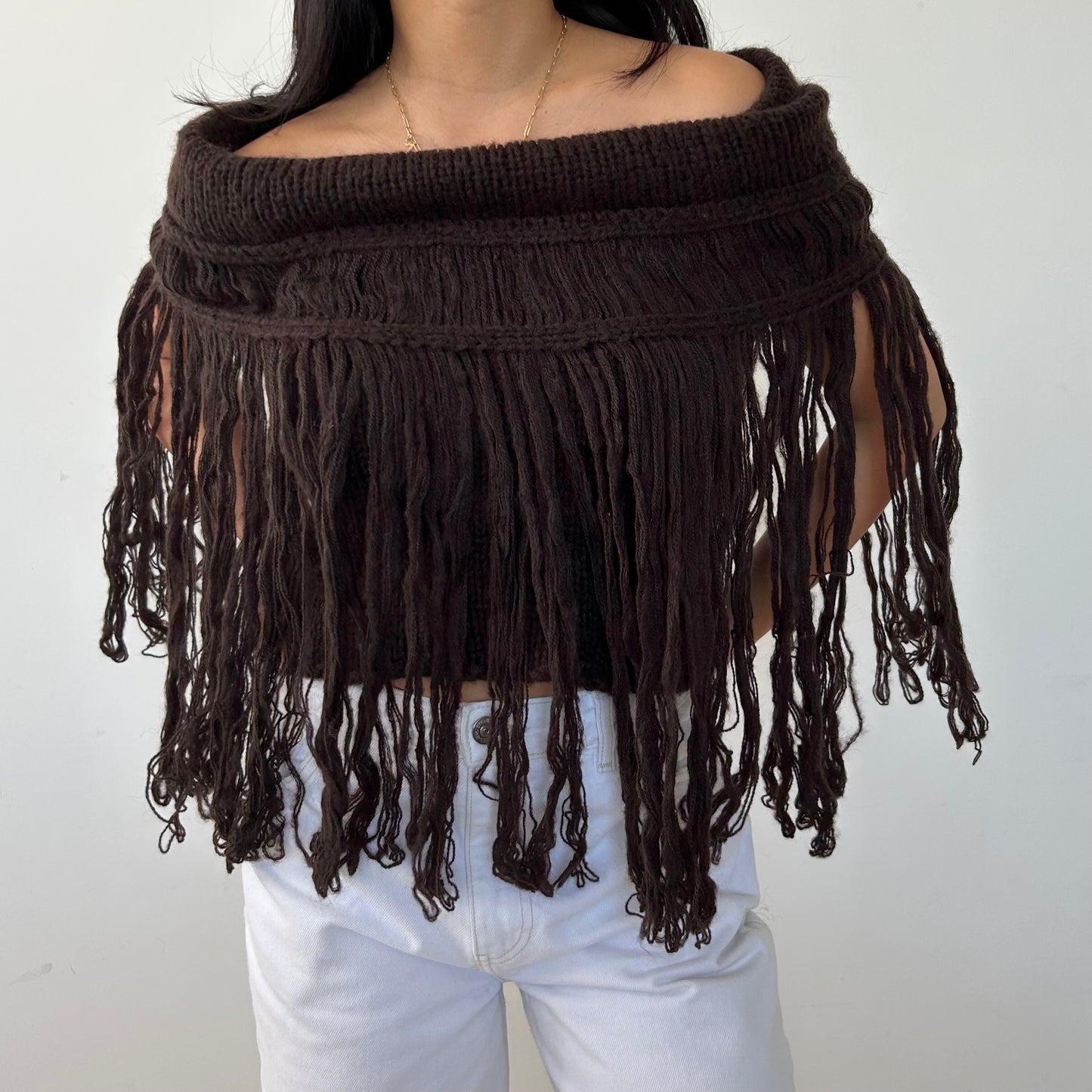 BNWT Imperial Brown Mohair-Wool Blend Fringe Off-Shoulder Top - Small