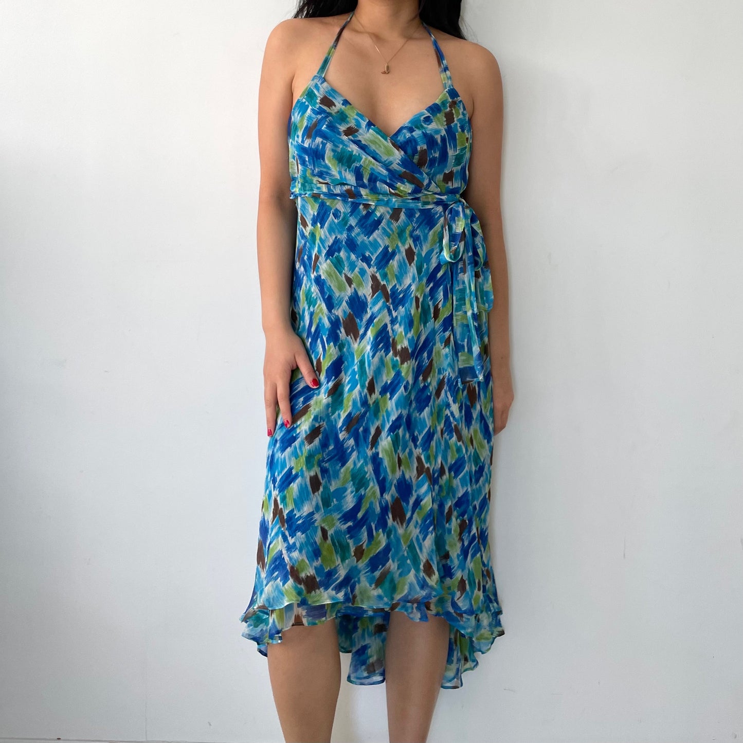 Nine West Blue Printed Halter Neck 100% Silk Dress - Medium