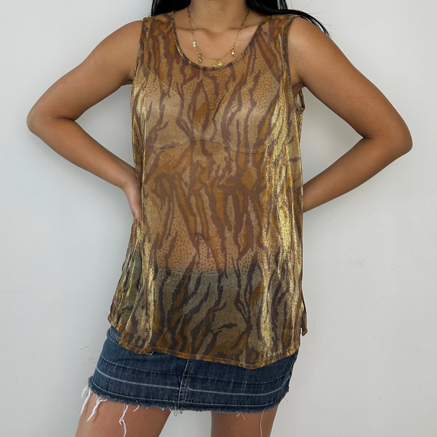 Vintage 1990s Chagall Gold Tiger Print Sheer Mesh Tank - Large