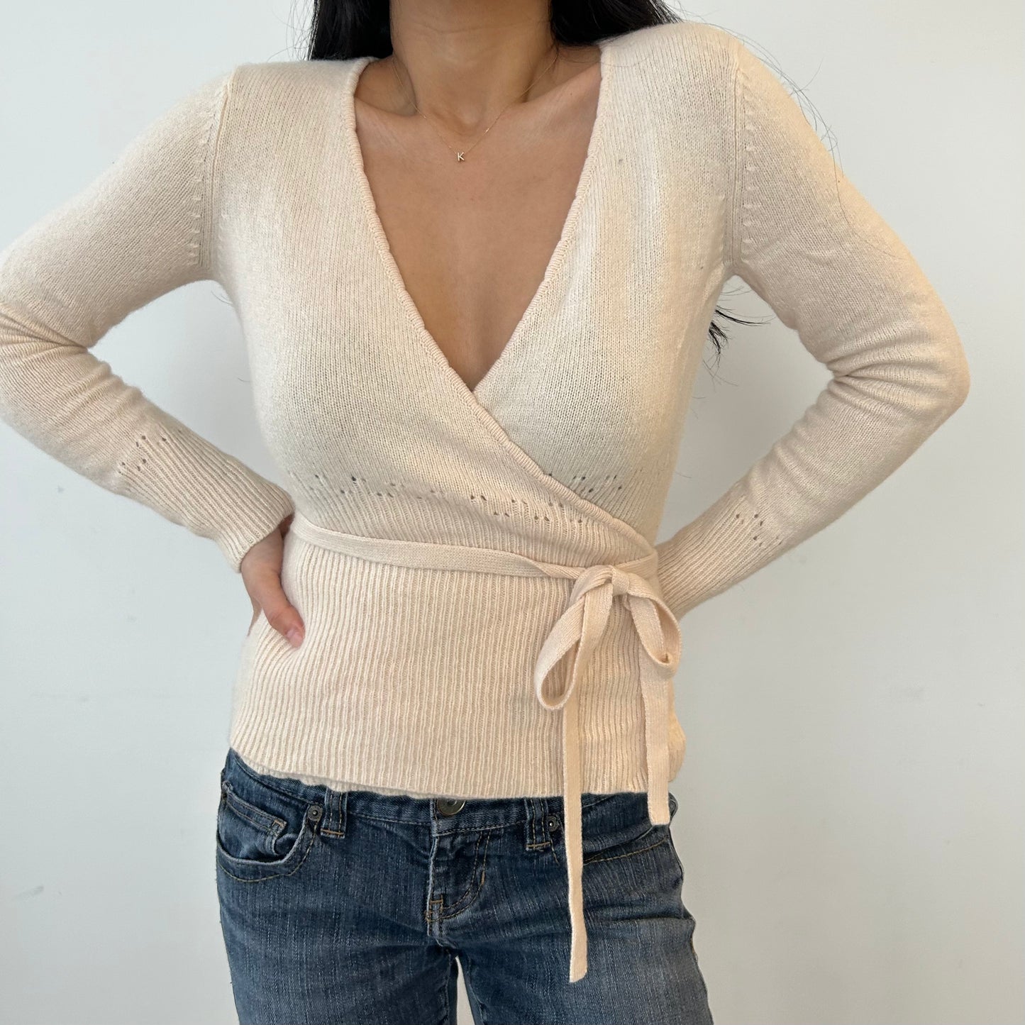 Cream Wool, Angora, and Cashmere Blend Wrap Cardigan - Small