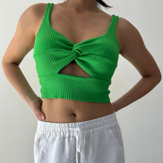 2010s Farm Rio Green Ribbed Cut-Out Crop Top - Small