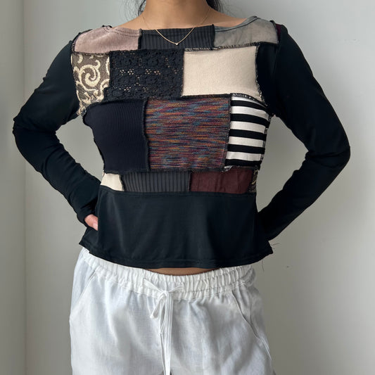 Annie Thompson Black Patchwork Long Sleeve Top - Medium