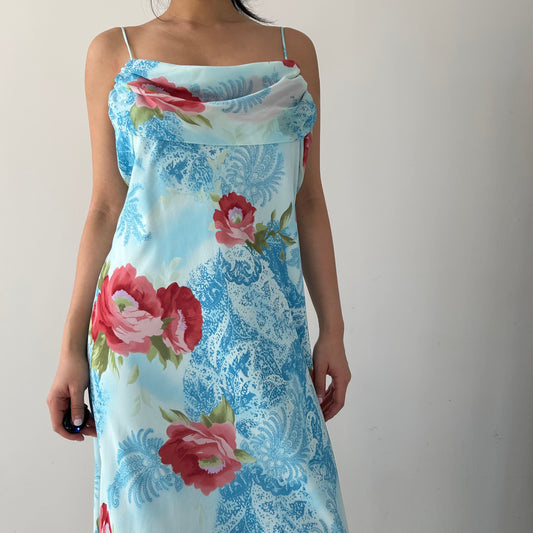 1990s Alyn Paige Made in USA Blue Floral Maxi Dress - Large