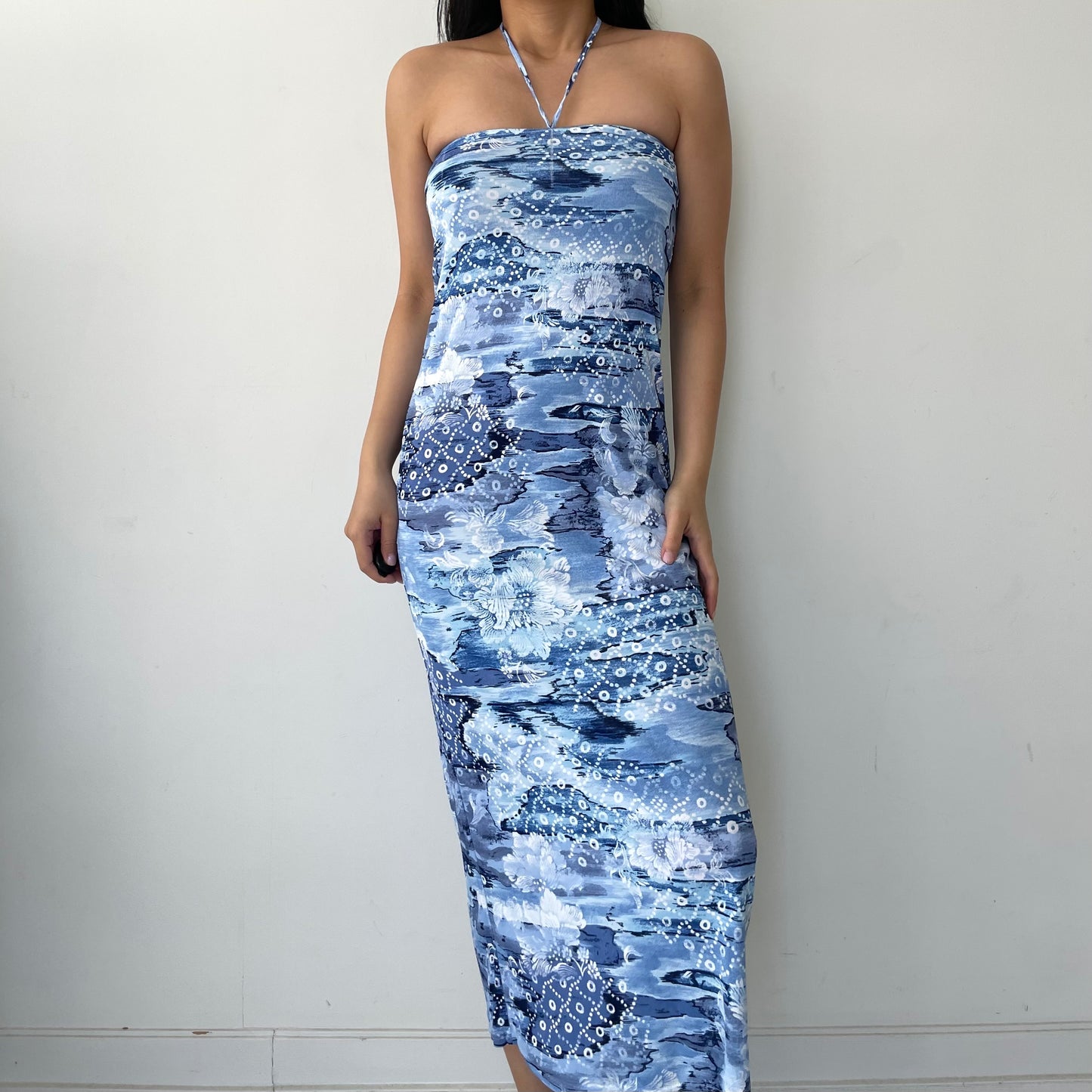 Morgan de Toi Blue and White Tropical Print Halter Neck Maxi Dress - X-Small