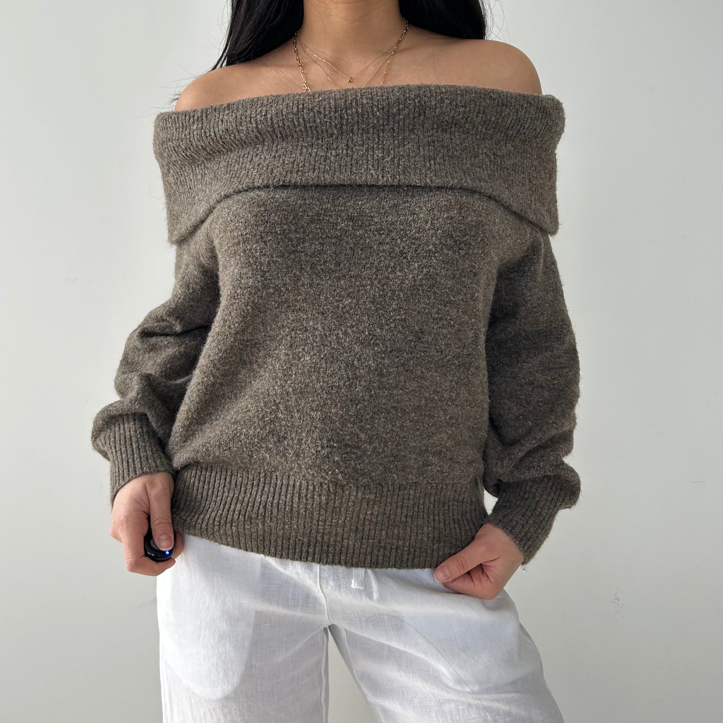 Grey Off Shoulder Knit Sweater - Small