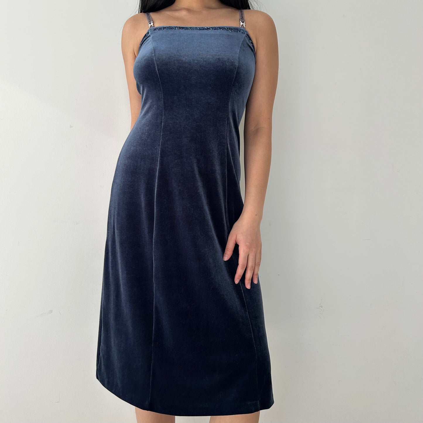 Blue Velvet Midi Dress with Embroidered Straps - X-Small