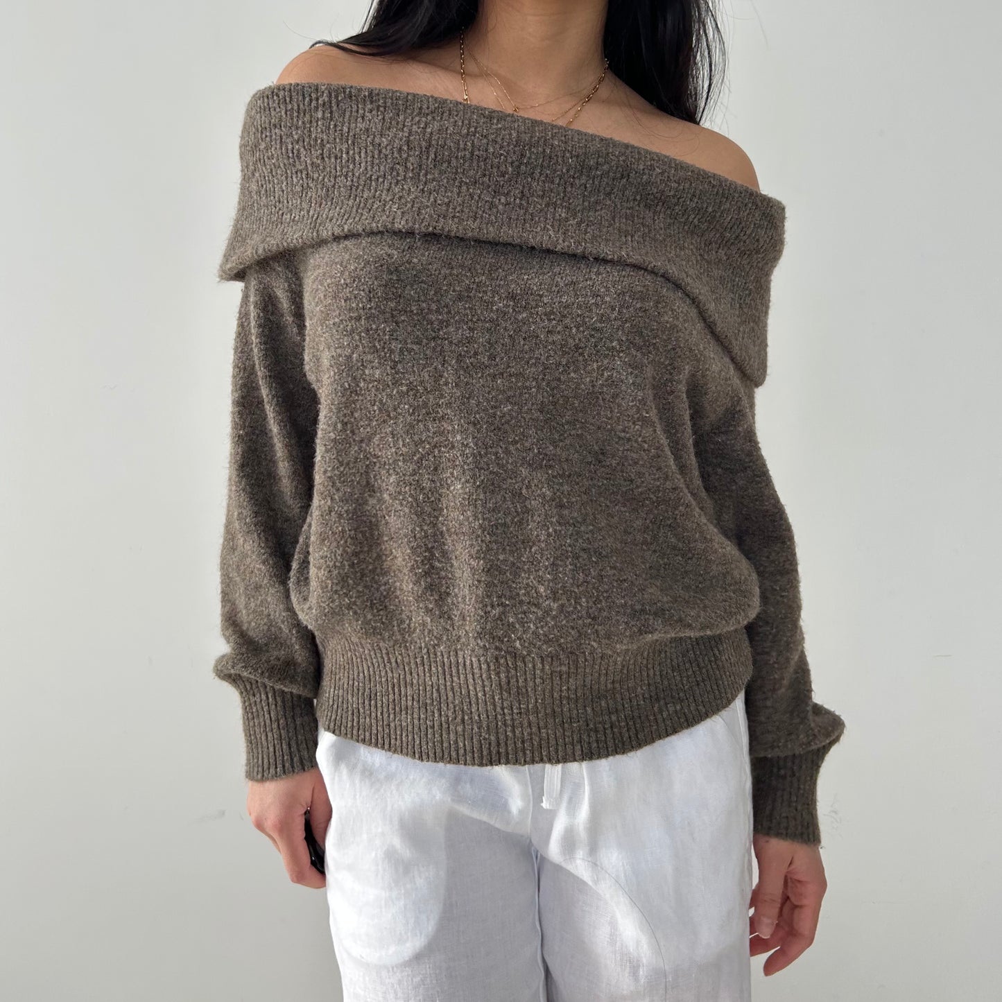 Grey Off Shoulder Knit Sweater - Small