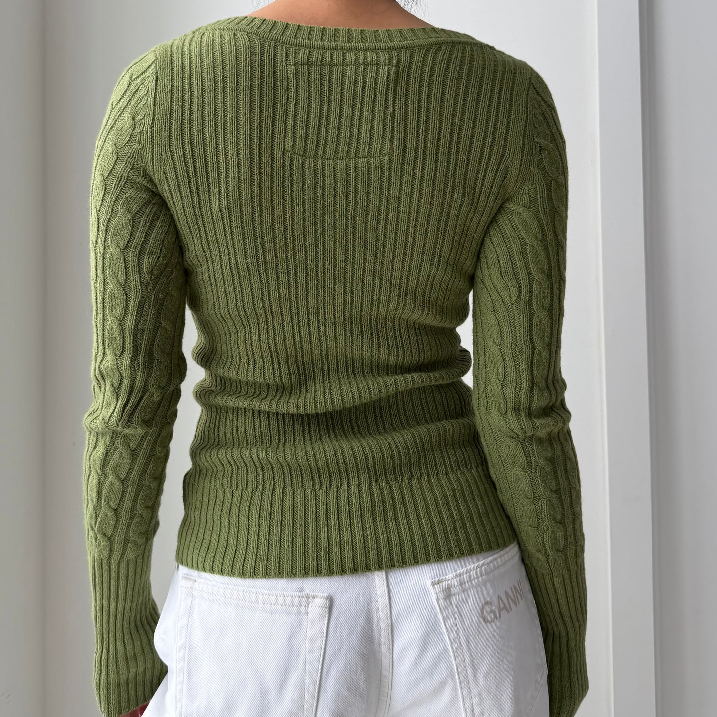 Early 2000s Abercrombie Green Rabbit Hair Blend V-Neck Cable Knit Jumper - X-Small