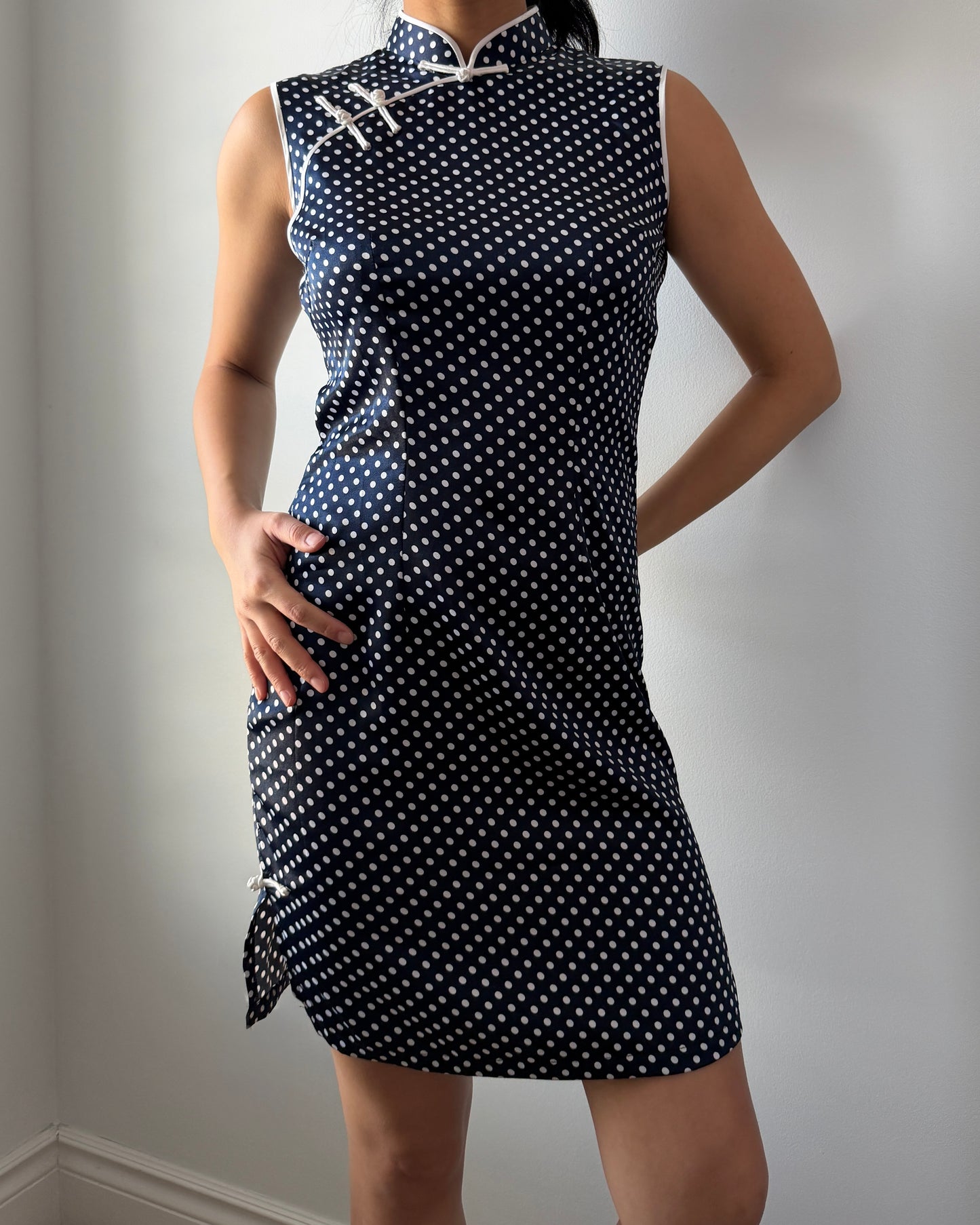 Navy Polka Dot Sleeveless Silk Cheongsam - Small