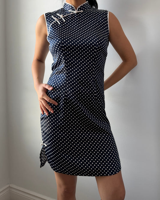 Navy Polka Dot Sleeveless Silk Cheongsam - Small
