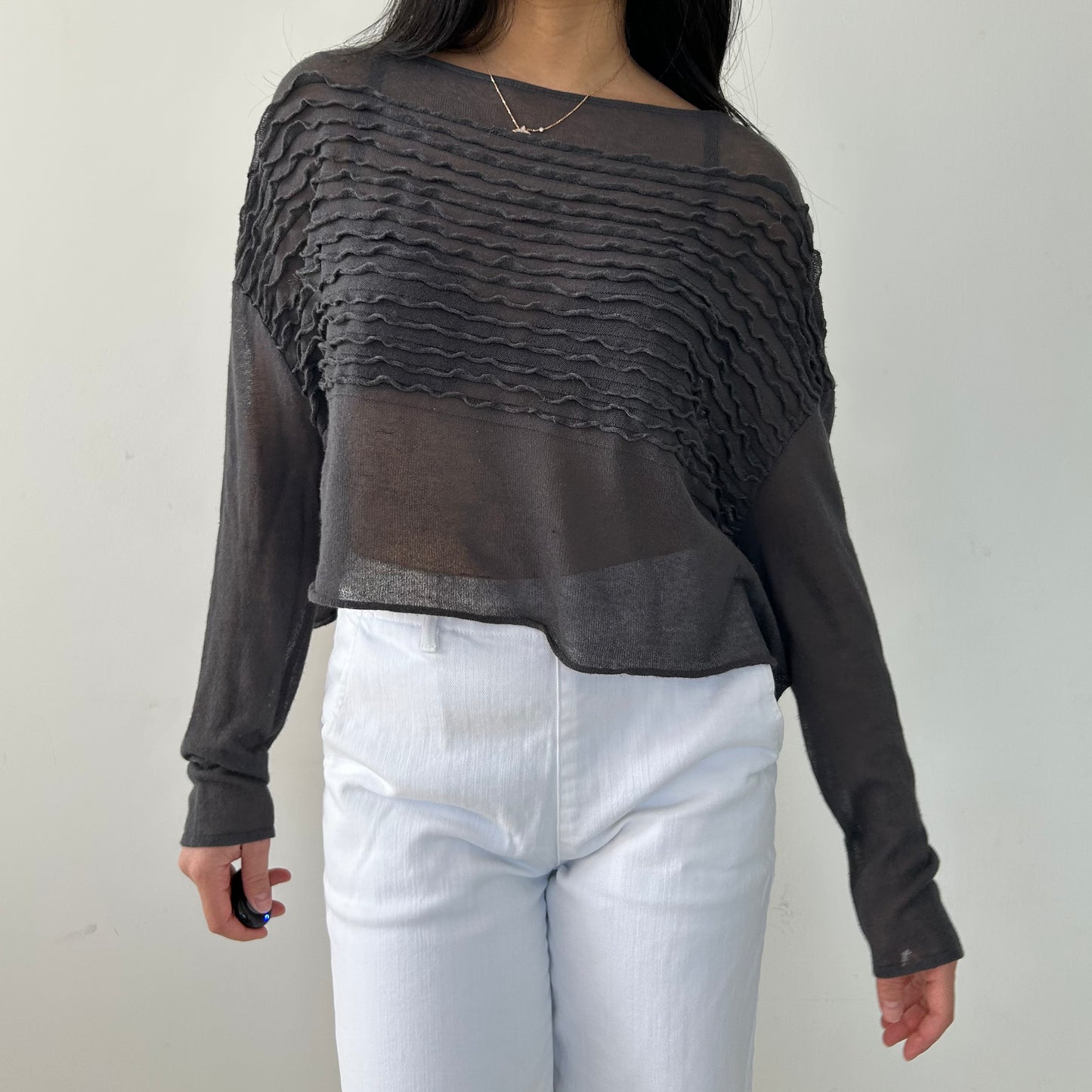 Sarah Pacini Sheer Textured Knit Sweater in Charcoal - X-Small