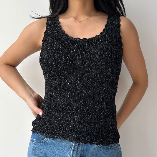 Black Metallic Crochet Tank Top - Medium