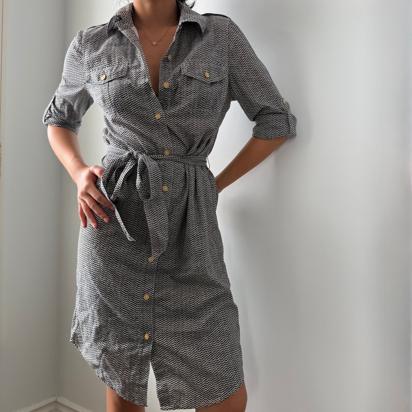 Tory Burch Black and White Chevron Belted Shirt Dress - Small