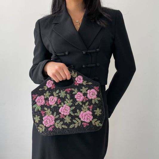 Black Floral Hand Beaded Top Handle Bag