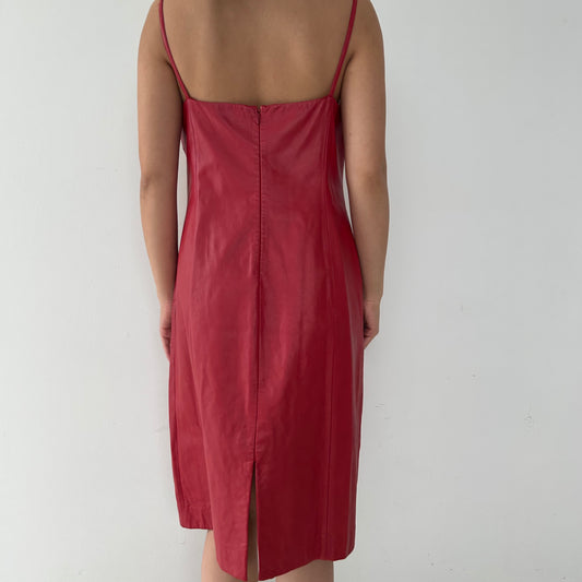 1990s Ralph Lauren Red Leather Dress - Large