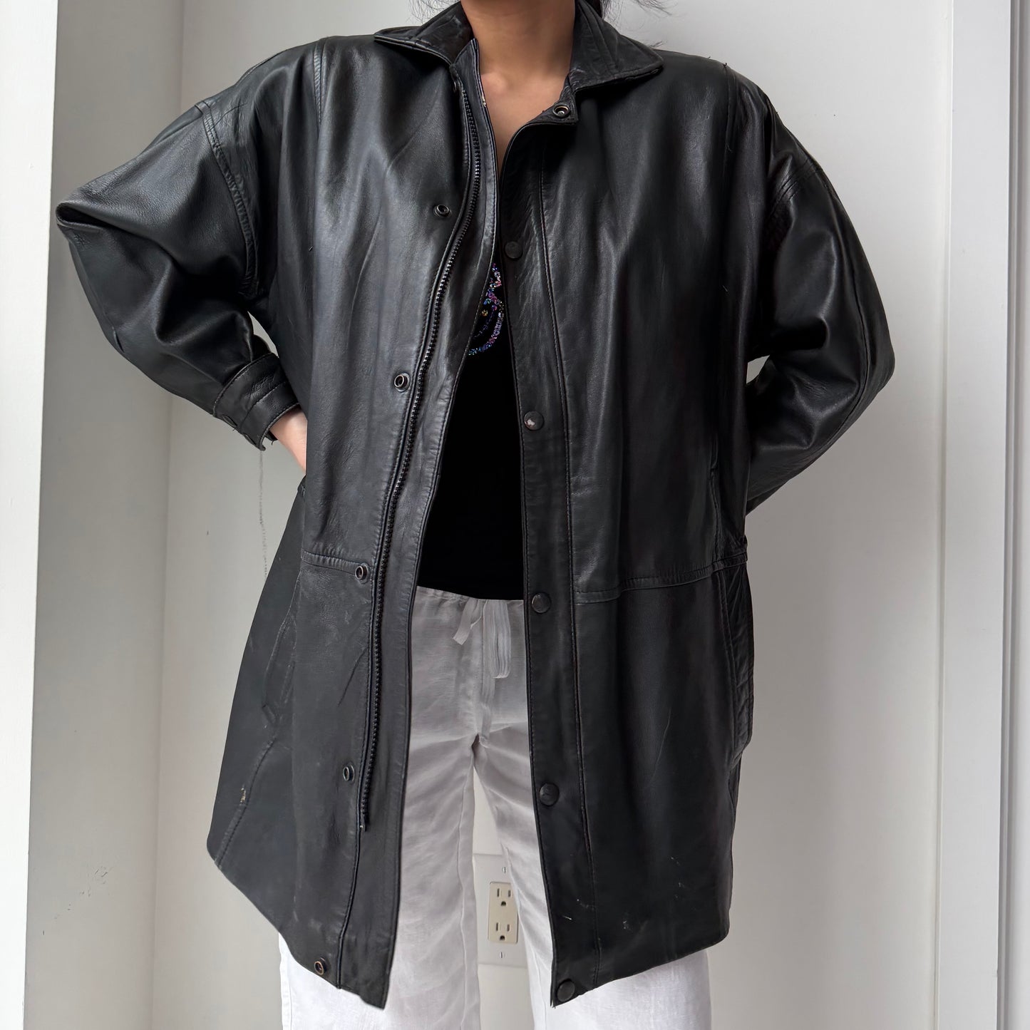 Oversized Black Leather Jacket - Small