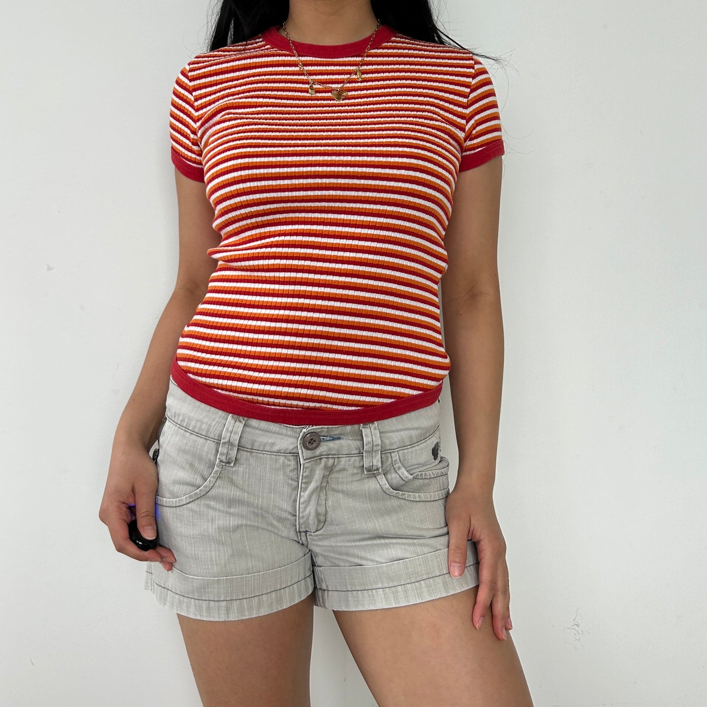 Esprit Red, Orange, and White Striped Ringer Tee - Small