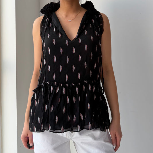 Parker Black Silk Sleeveless Ruffle Blouse - X-Small