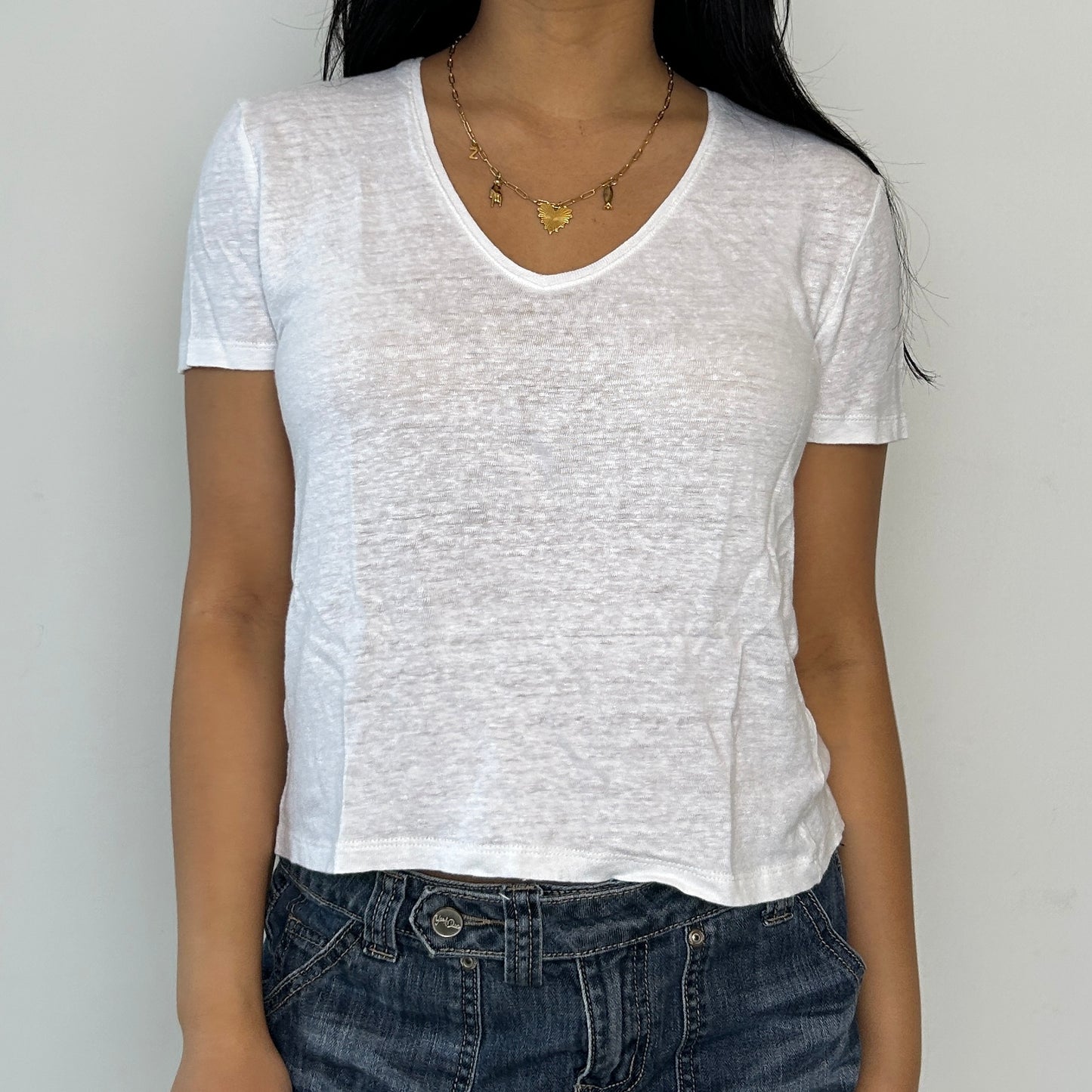 Zara White V-Neck Linen Tee - X-Small