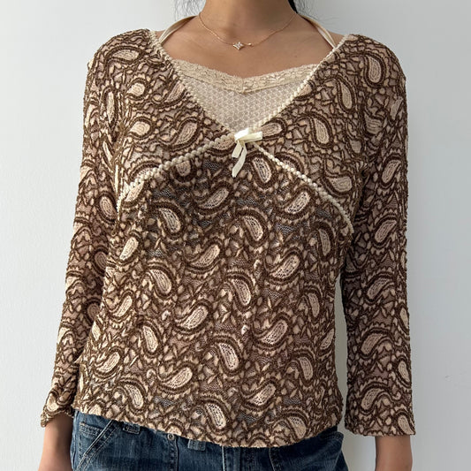 Brown Paisley Lace Overlay Long Sleeve Top - Medium