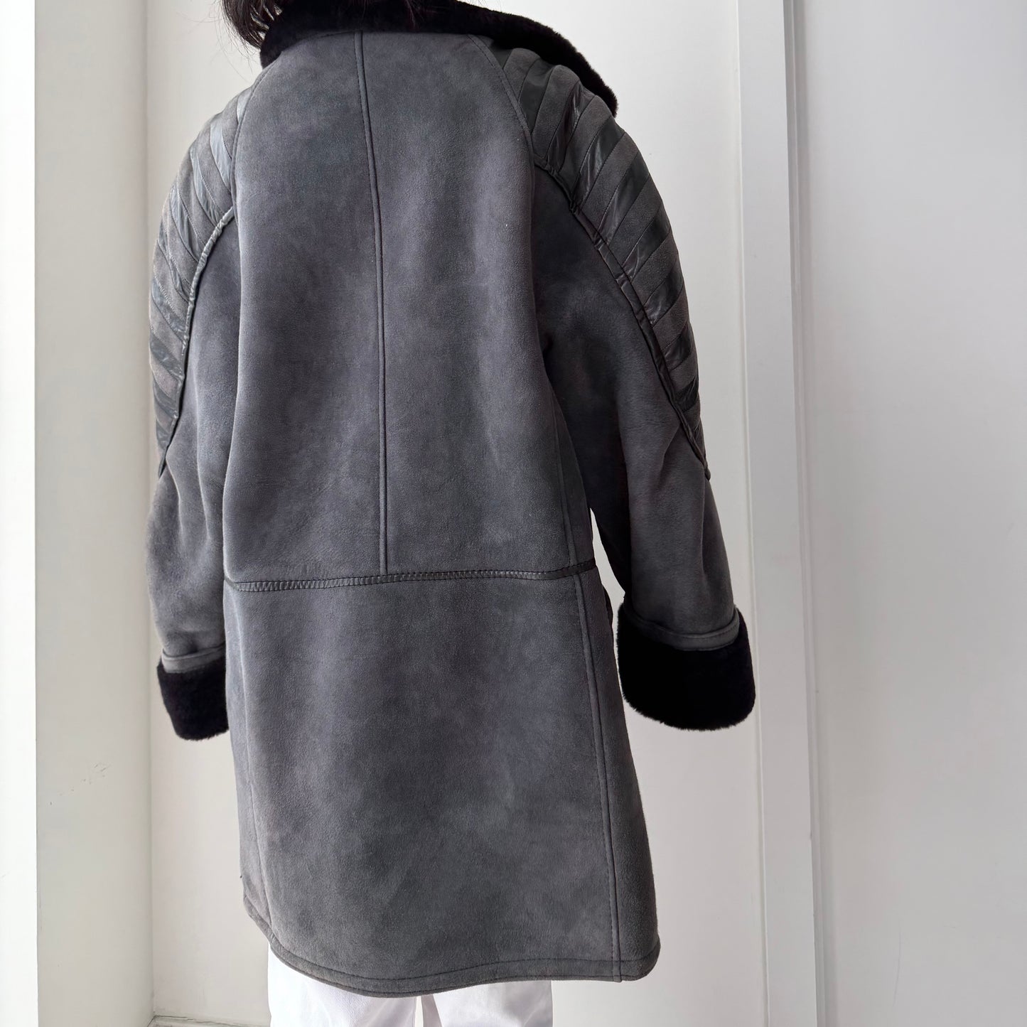 1990s HiSO Charcoal Panelled Genuine Sheepskin Coat - Large