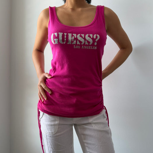 Guess Hot Pink Ruched Logo Tank - Large