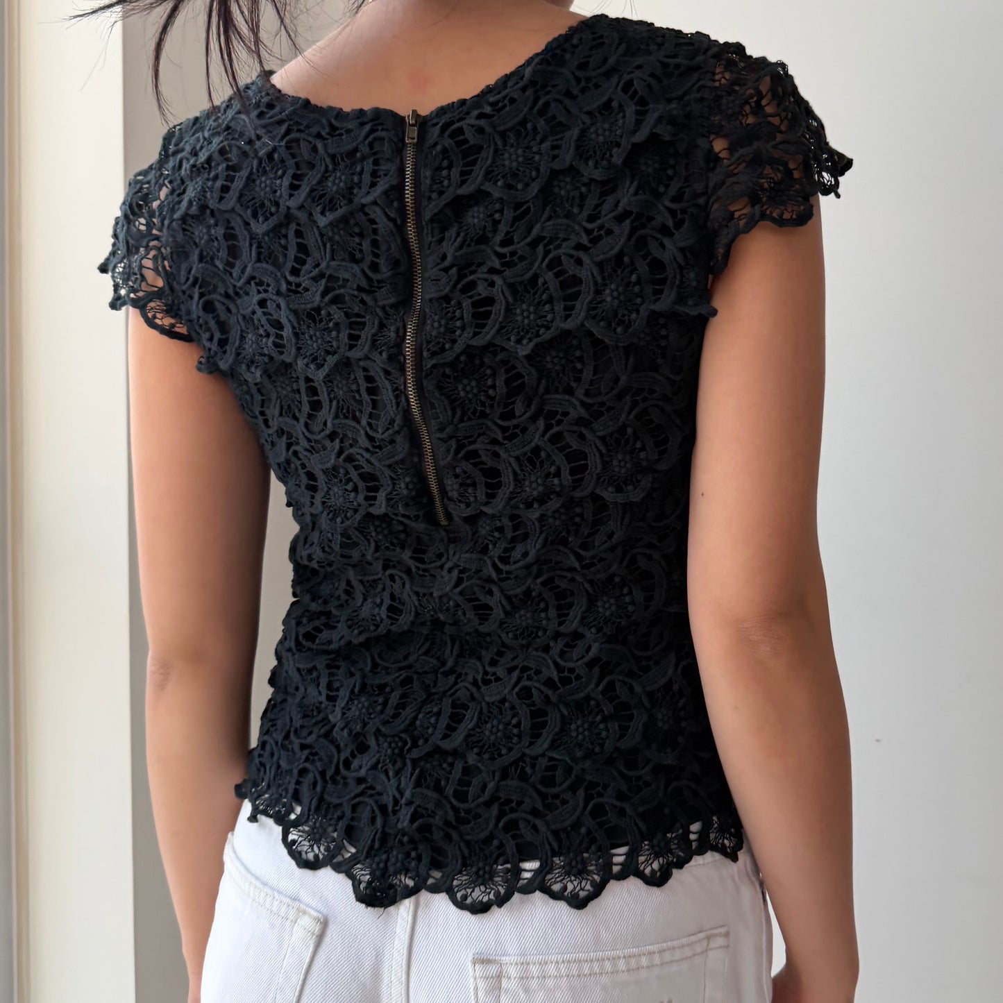 See by Chloé Black Guipure Lace Cap-Sleeve Top - X-Small