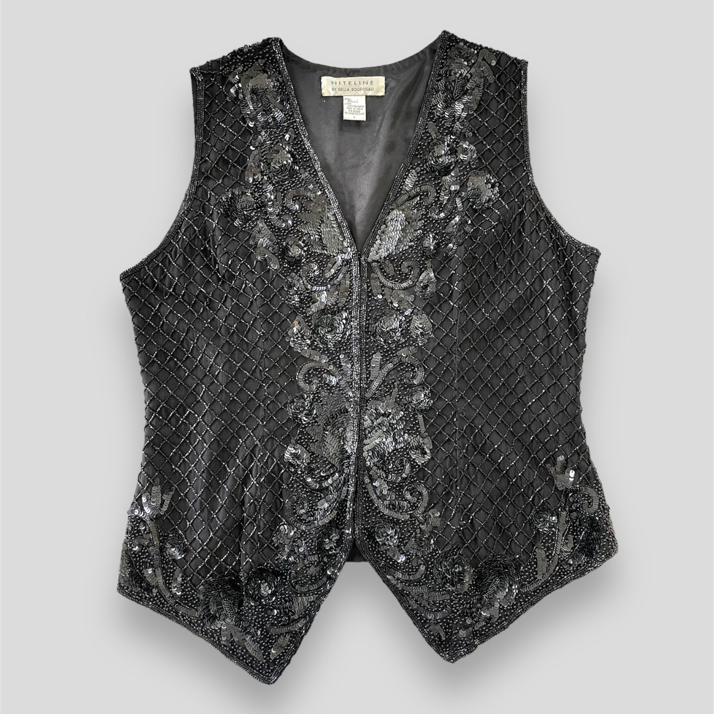 Vintage 1980s Niteline by Della Roufogali Black Beaded Silk Vest - Large