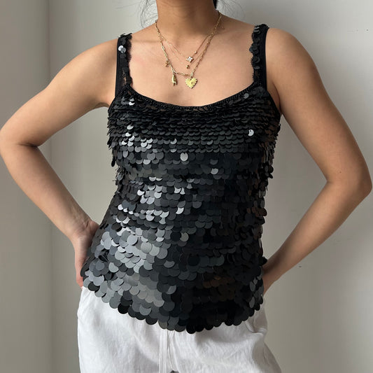 Black Sequin Mesh Cami Top - Small