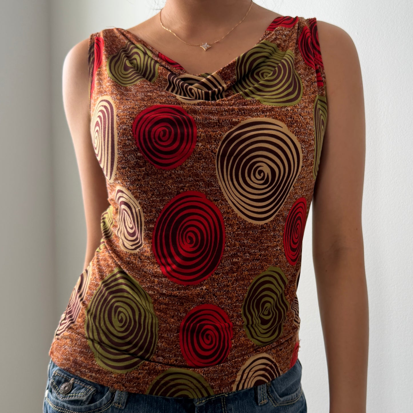 Earth Toned Printed Slinky Cowl Neck Tank - Small