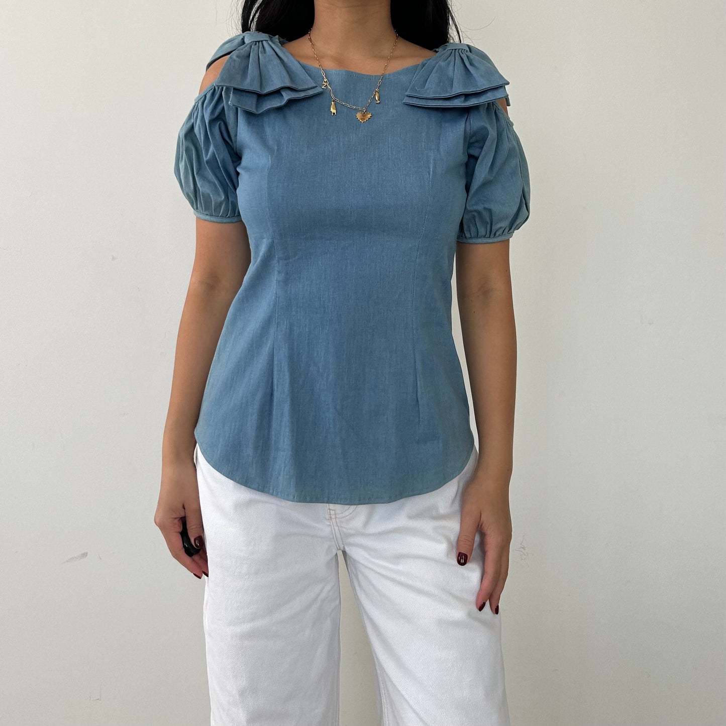 Pinga Blue Cold Shoulder Short Sleeve Blouse - Small