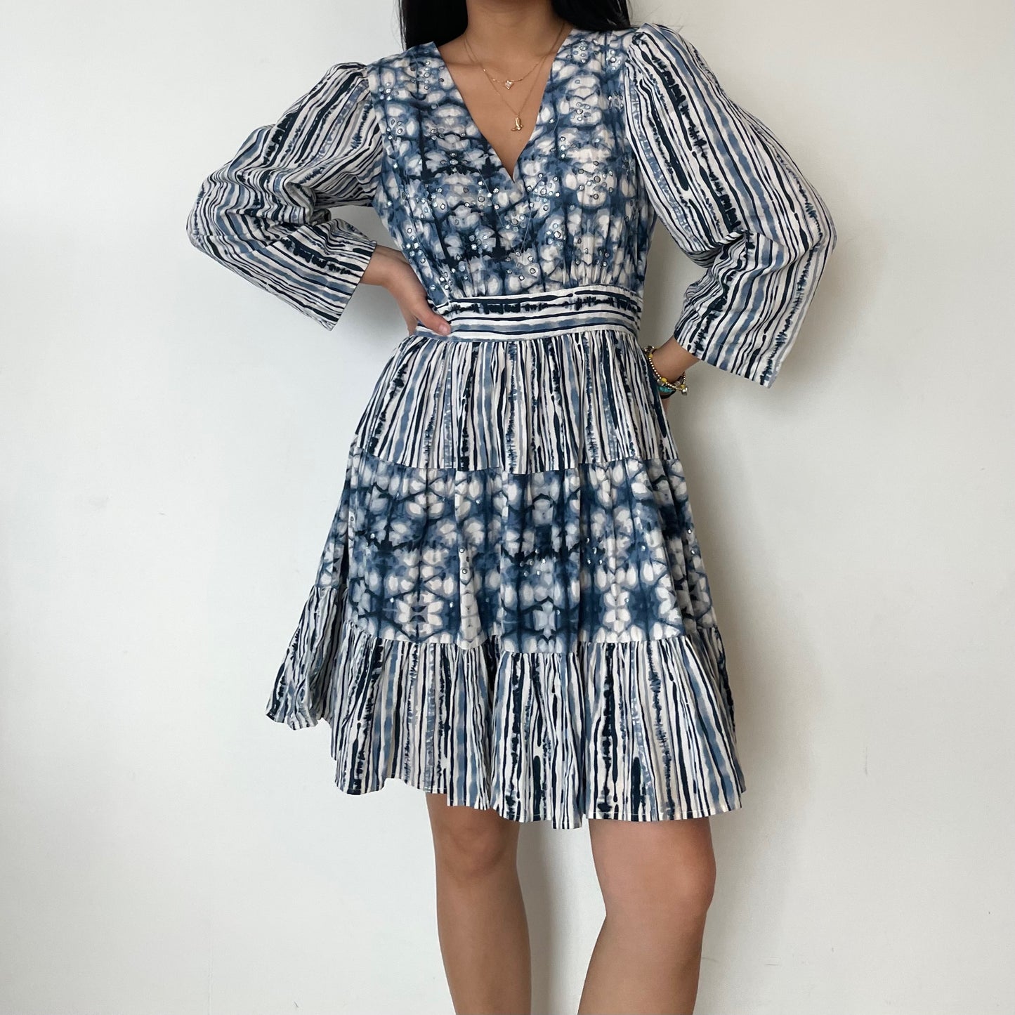 Anthropologie Not So Serious by Pallavi Mohan Blue and White Tie Dye Effect Long Sleeve Mini Dress - Small