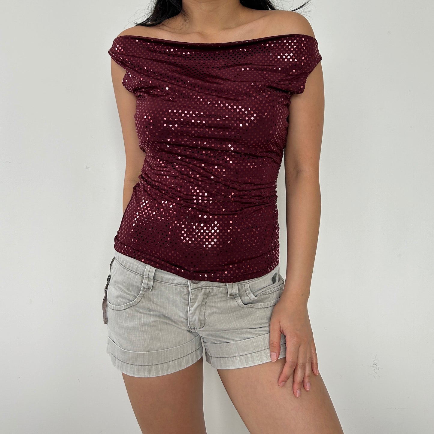 Vintage 90s Made in Canada Dynamite Burgundy Sparkly Cowl Neck Top - Small