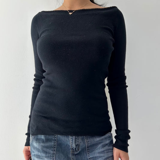 Holt Renfrew Black Beaded Boat Neck Cotton and Silk Knit Top - Medium